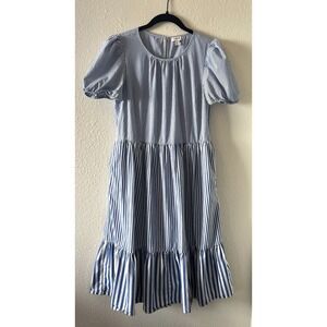 J Crew Women's Midi Dress Size 6 Blue White Striped Cotton Blend Poplin Cottage